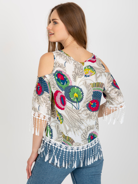 Hurt Biała bluzka z nadrukiem i ozdobnym wykończeniem