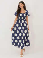 Navy flared off-the-shoulder dress.