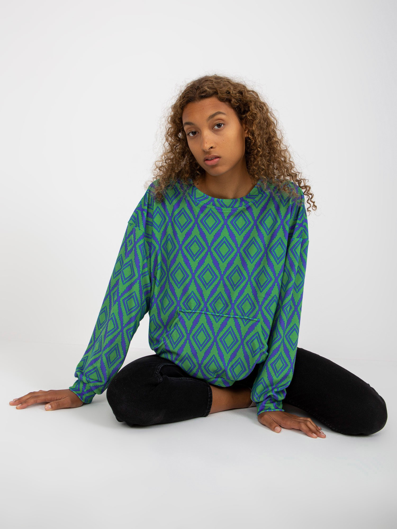 Zielono-niebieska welurowa bluza z nadrukiem RUE PARIS