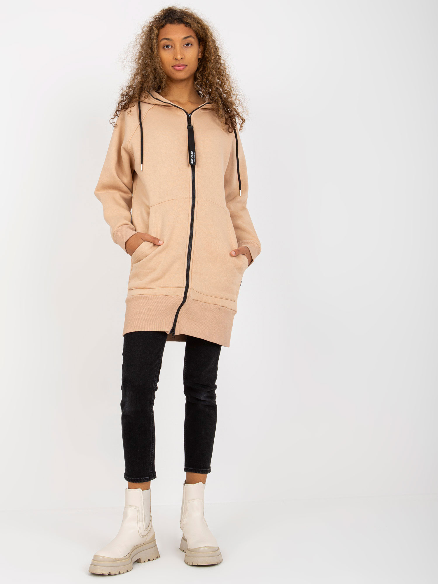 Beżowa długa rozpinana bluza basic z kapturem RUE PARIS