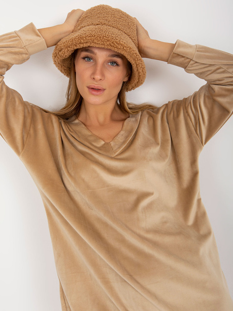 Hurt Beżowa luźna sukienka welurowa z kieszeniami RUE PARIS