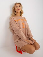 Hurt Beżowo-pomarańczowa długa bluza oversize z nadrukiem