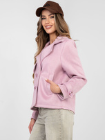 Pastel pink suede coat with pockets.