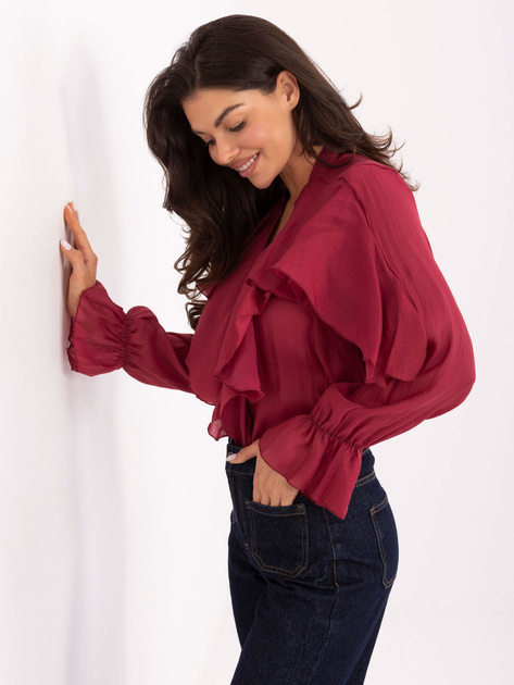 Bordowa koszula z falbankami przy rękawach RUE PARIS