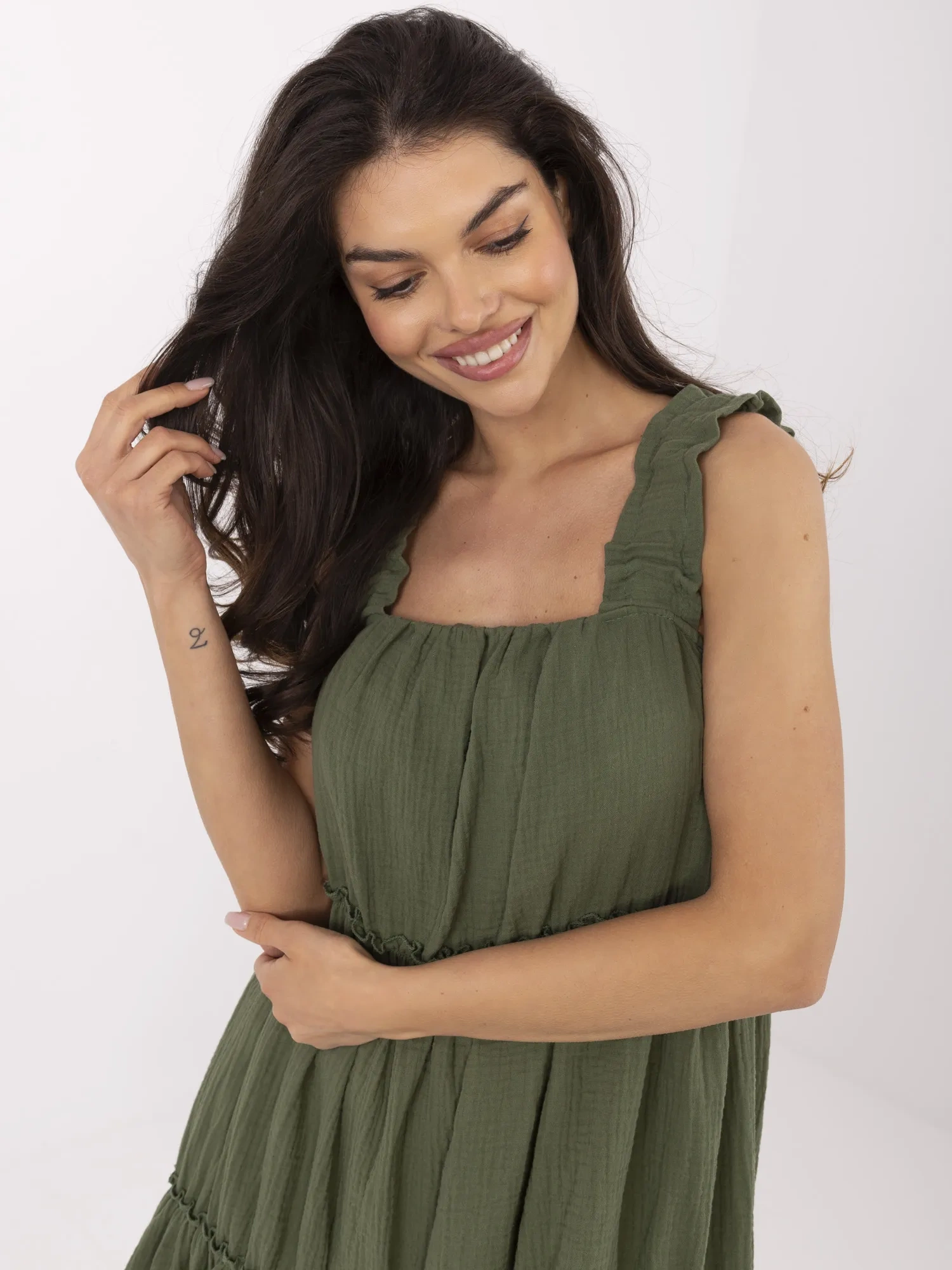 Khaki muslin dress for summer.