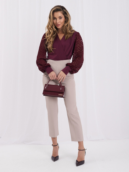 Burgundy elegant bodysuit with a deep neckline.