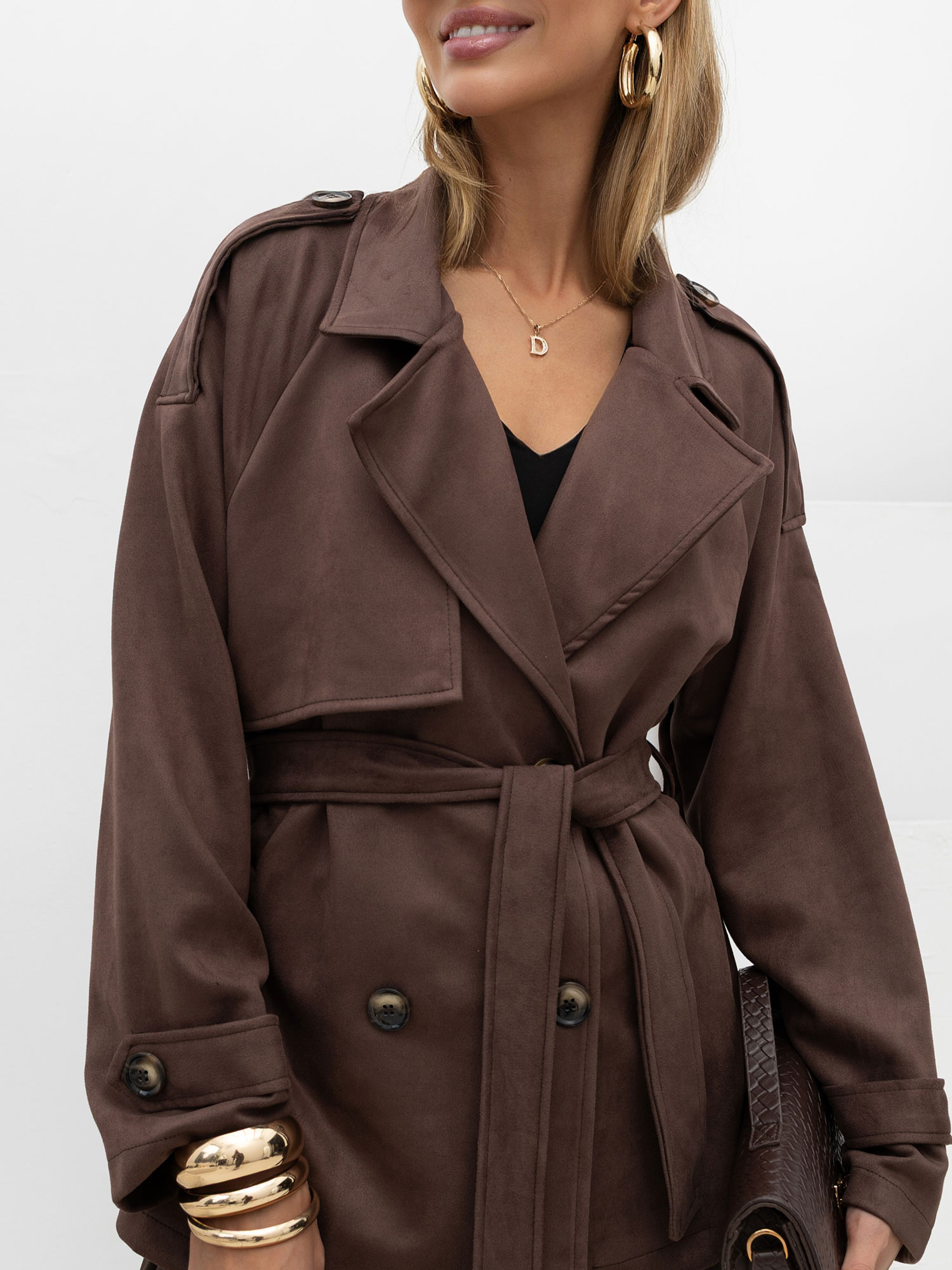Brown double-breasted coat with a suede effect.