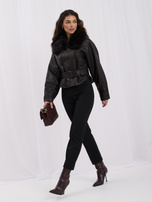 Chocolate faux leather jacket with detachable fur.