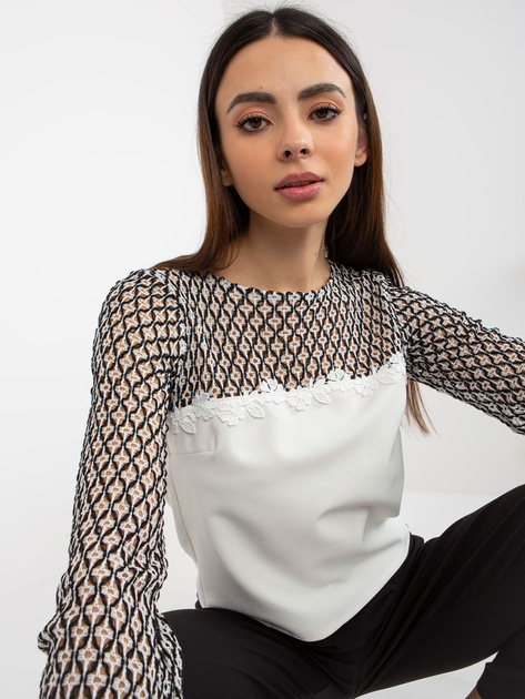 Hurt Ecru-czarna damska bluzka wizytowa z długim rękawem