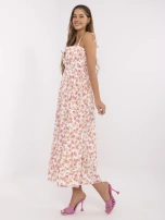 Ecru flared dress with flowers.