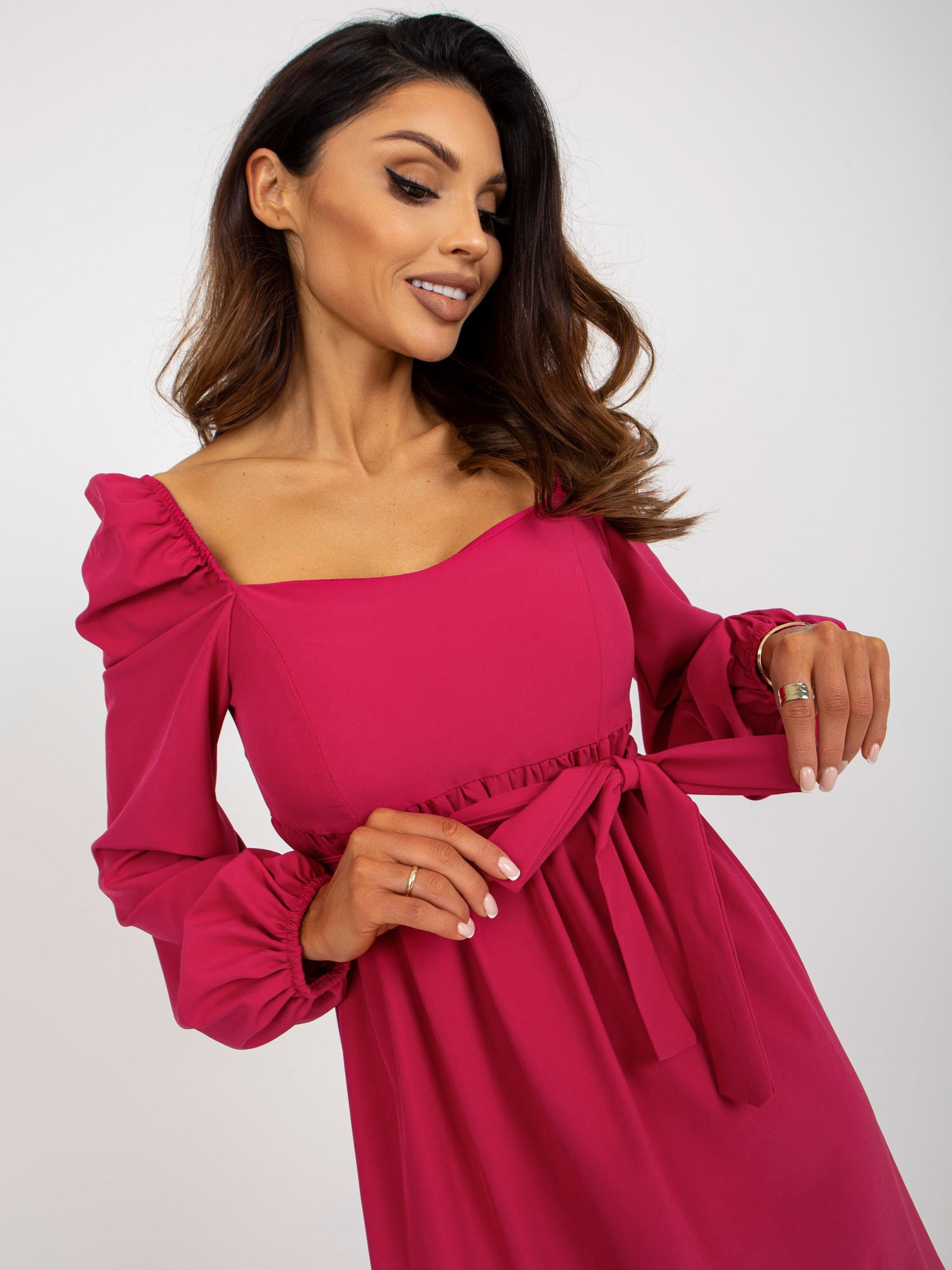 Dark Pink Flared Cocktail Dress with Binding