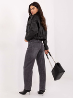 Dark gray long balloon jeans.