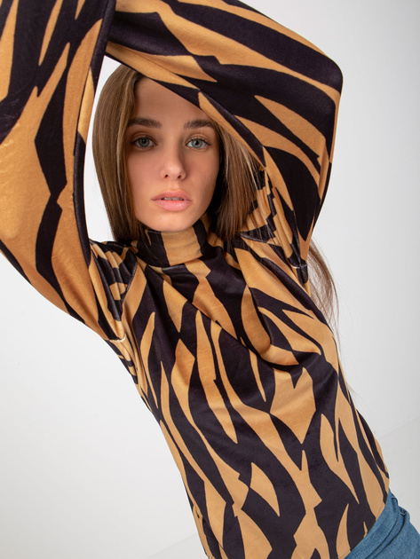 Hurt Camelowo-czarna welurowa bluzka z nadrukiem RUE PARIS