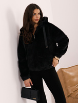 Black fur jacket with a hood.