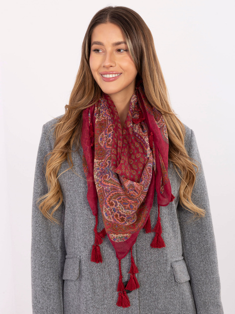 Bordowa damska chusta z frędzlami