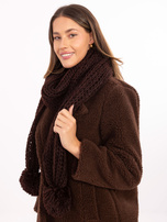 Ciemnobrązowy ciepły szal z pomponami
