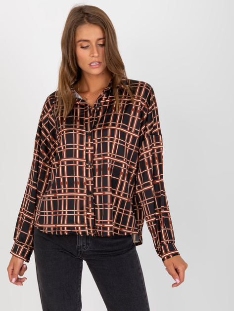 Hurt Czarna damska koszula w kratę z imitacji satyny