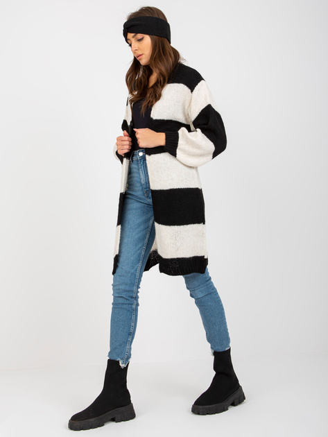 Hurtownia Ecru-czarny luźny kardigan w paski OCH BELLA