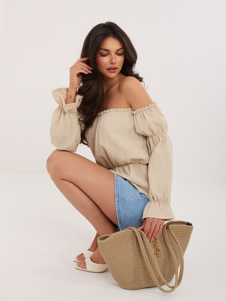 Beżowa muślinowa bluzka hiszpanka z bawełny