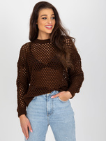 Hurt Brązowy ażurowy sweter letni z dodatkiem wełny