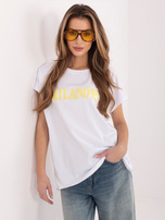 Biało-żółty damski t-shirt z kontrastowym napisem