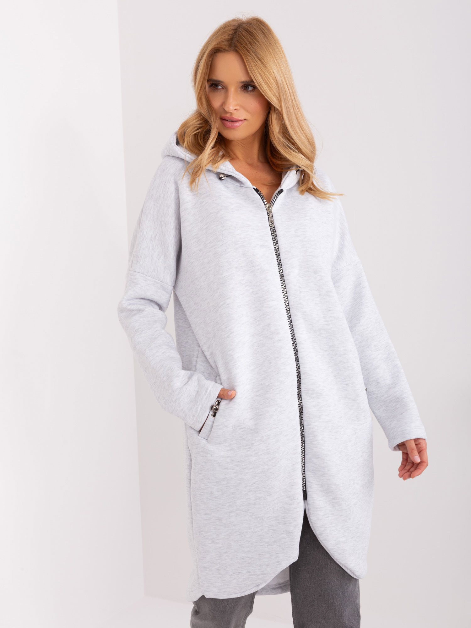 Jasnoszara melanżowa bluza basic z suwakiem RUE PARIS