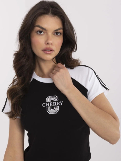 Czarno-biały krótki t-shirt z haftem