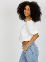 Ecru wholesale hollow blouse off-the-shoulder with buttons.