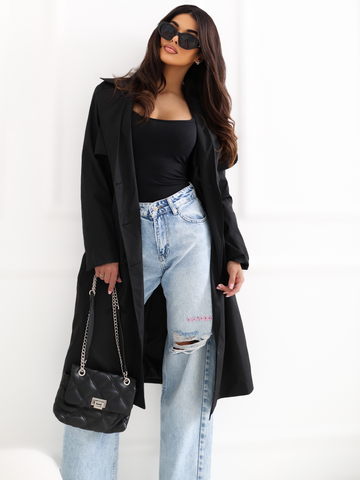 Czarny przejściowy trencz z kieszeniami RUE PARIS