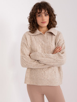Hurt Beżowy sweter z warkoczami i kołnierzem