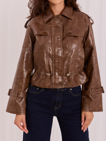 Braune Damenjacke aus Kunstleder mit Bündchen.