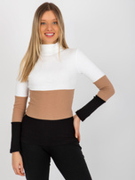 Hurt Ecru-czarna dopasowana bluzka basic z golfem w prążek