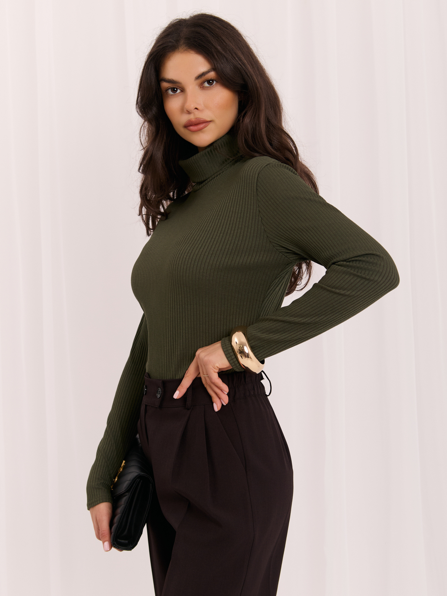 Khaki damski bluzka basic w prążki 