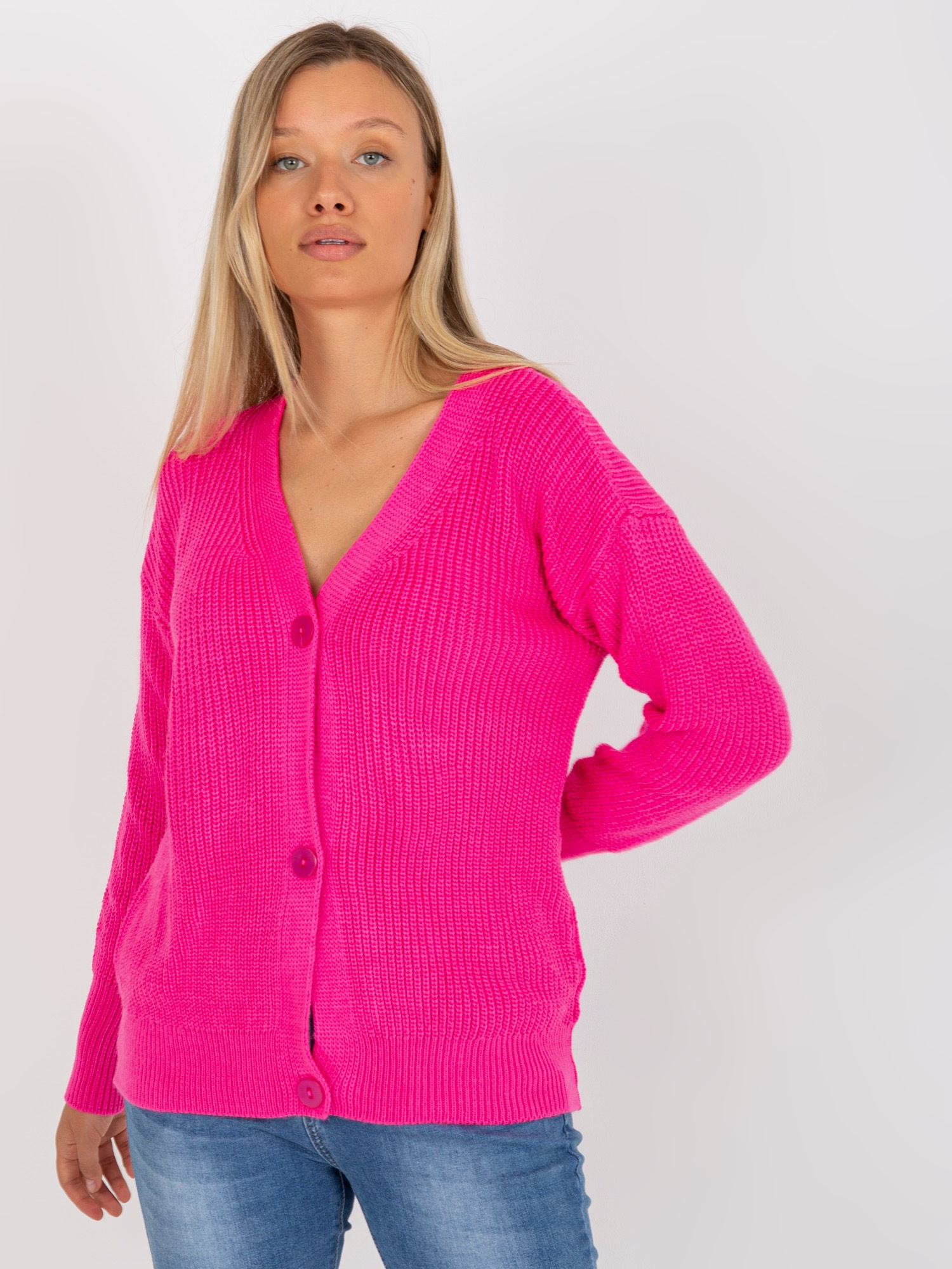 Fluo różowy sweter rozpinany z zapięciem na guziki RUE PARIS