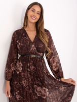 Brown midi dress with a wrap neckline.