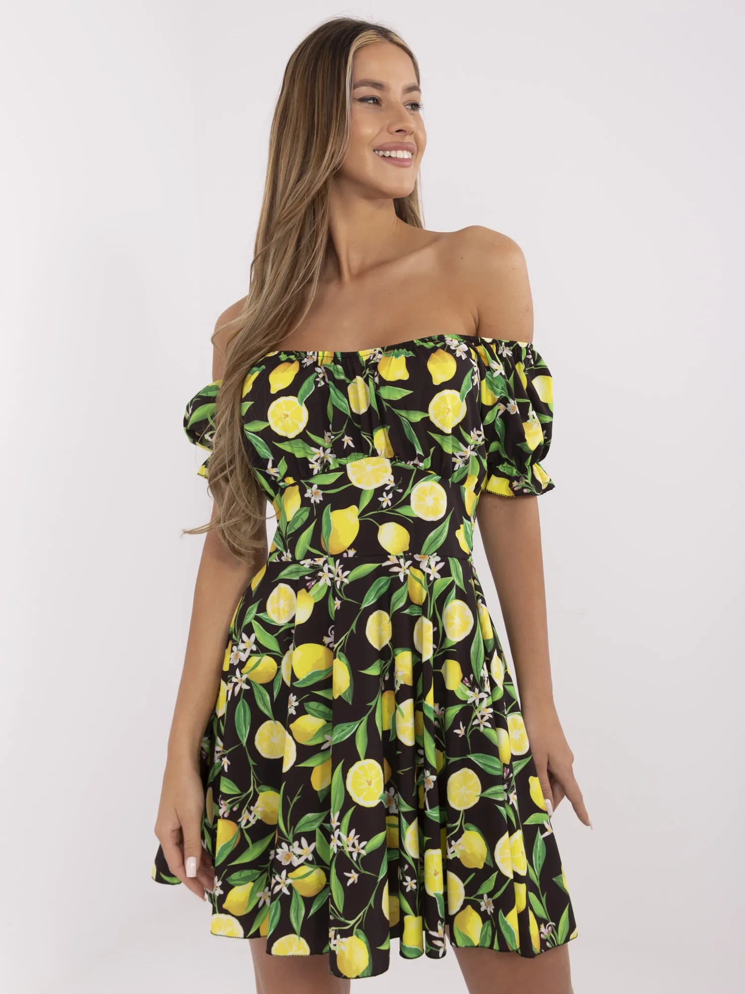 Black-yellow flared off-the-shoulder dress.