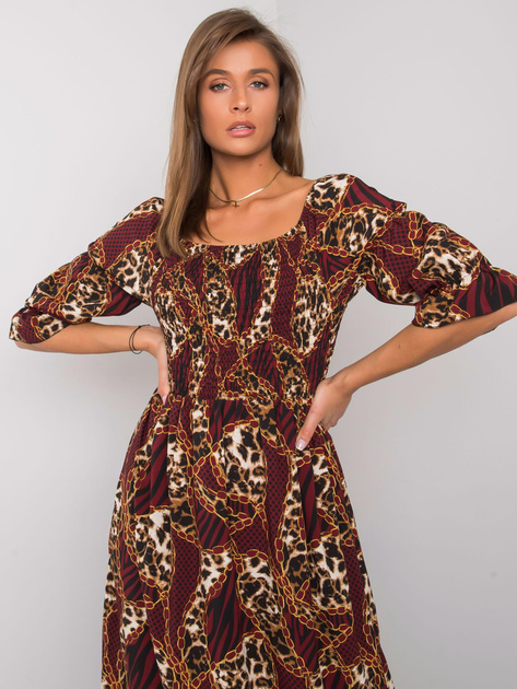 Bordowa sukienka maxi z falbaną Adley