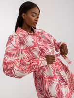 Hurt Koralowo-beżowa lniana sukienka szmizjerka z printem