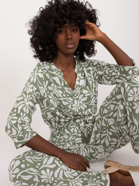 Hurtownia Khaki-biała luźna bluzka z roślinnym printem SUBLEVEL