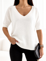 Ecru damski sweter basic z krótkim rękawem