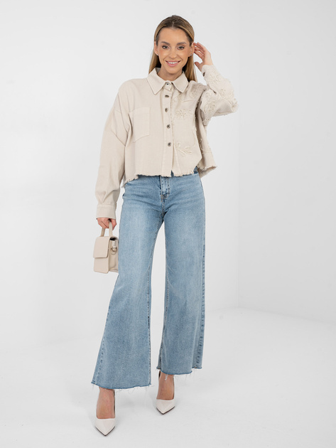 Beżowa jeansowa kurtka z kwiatową aplikacją RUE PARIS