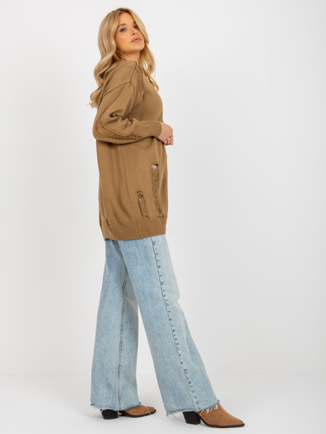 Hurt Camelowy sweter rozpinany oversize z dziurami RUE PARIS