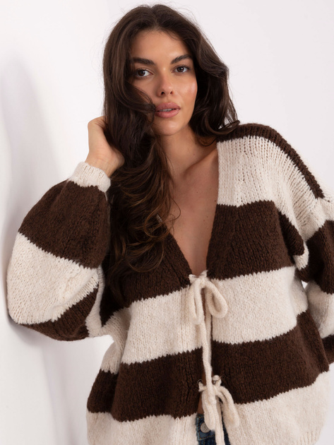 Ecru-brązowy sweter oversize z wiązaniem RUE PARIS