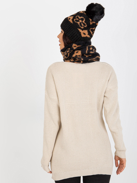 Hurt Czarno-camelowa damska czapka zimowa z pomponem