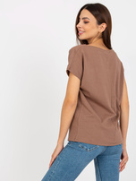 Hurt Brązowy t-shirt basic z dekoltem w serek