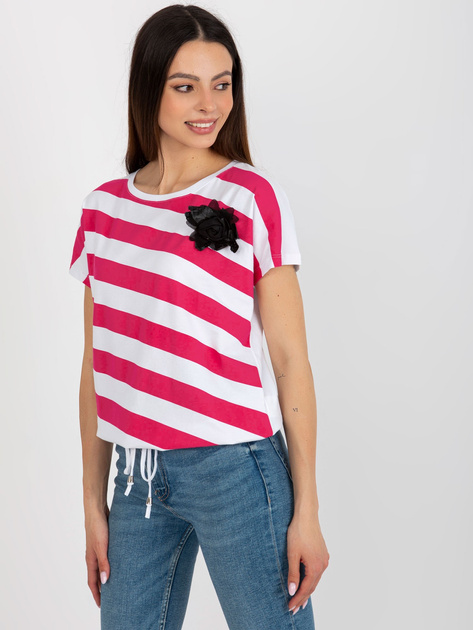 Hurt Biało-fuksjowa bluzka w paski z krótkim rękawem