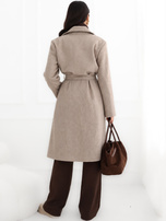 Beige melange transitional coat with loose lapels.