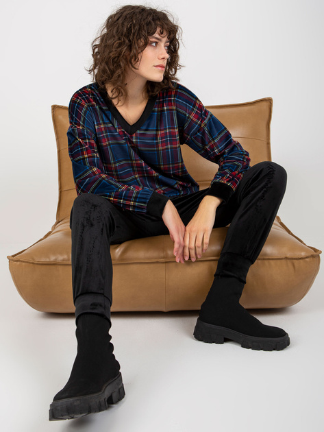 Hurt Ciemnoniebieski komplet welurowy z bluzą w kratę RUE PARIS