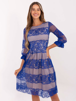 Hurt Kobaltowa midi sukienka koktajlowa z koronką i paskiem