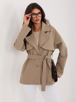 Ciemnobeżowy dwurzędowy płaszcz z paskiem RUE PARIS 
